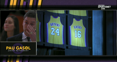 An emotional Pau Gasol wiped away tears watching his jersey number retired next to Kobe Bryant’s
