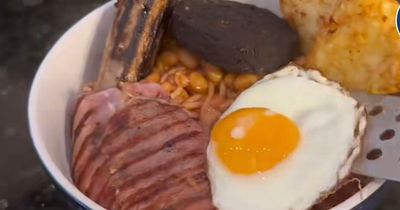 Man sparks debate online after making noodles topped with a full fry-up