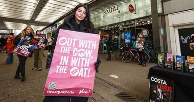 Vegans protest outside Costa Coffee in Manchester city centre in 'stand against dairy industry'