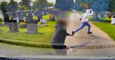 Wild men fight with hammers and axes in cemetery, intrude on ceremony and spit on floor