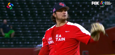 Pitcher Ian Gibaut hilariously lost the ‘T’ on his Great Britain jersey during a World Baseball Classic game