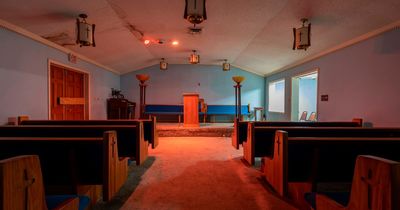 Inside haunting abandoned funeral chapel with operating table and rusting tools
