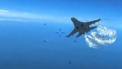 Video released by US shows moment Russian jet hit spy drone over Black Sea