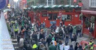 Live webcam shows Temple Bar absolutely wedged at just 10am with St Patrick's Day revellers