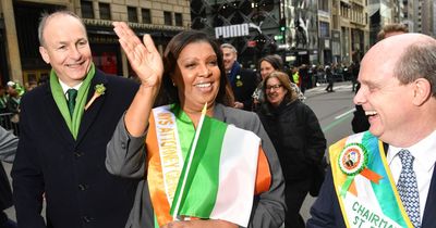 Tanaiste Micheal Martin flies the Irish flag at New York St Patrick's day parade