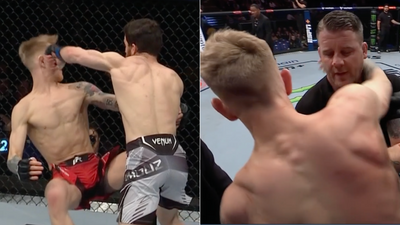 UFC 286 video: Yanal Ashmoz mid-air punch leads to woozy Sam Patterson grappling referee Marc Goddard