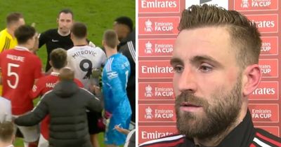 Manchester United's Luke Shaw reacts after Fulham receive three red cards in shocking moment