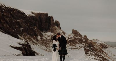 Scots bride and groom dance in heavy snowfall in magical wedding on Isle of Skye