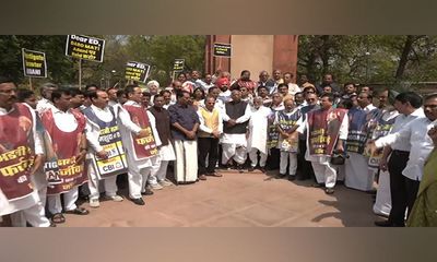 Budget Session: Opposition MPs hold protest at Parliament demanding JPC over Adani row
