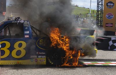 Winning NASCAR driver’s truck caught fire after his gnarly burnout