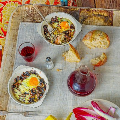 Baked mushrooms and eggs recipe by Rosie Sykes
