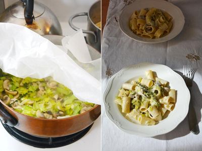 Rachel Roddy’s recipe for pasta with leeks, mushrooms, thyme and soft cheese