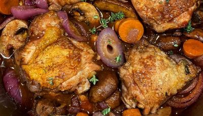 Coq au vin-inspired chicken thighs are quick and delicious take on the classic French dish