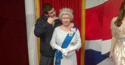 Thomas Cashman imitates shooting gun at Queen waxwork in Facebook picture