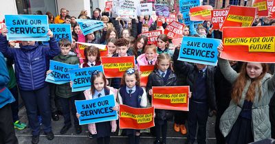 School children protest outside Northern Ireland Office over education funding cuts