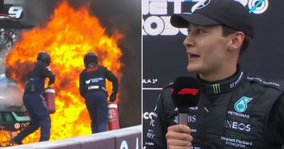 George Russell Sky Sports interview interrupted by huge car fire at Australian GP