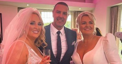 Paddy McGuinness poses for snap with the beautiful brides as his cousin gets married - and ex wife Christine shares in their joy