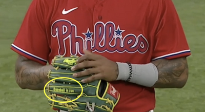 Cristian Pache’s glove delightfully has ‘baseball is fun’ stitched into it
