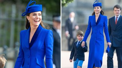 Catherine and Louis twin in bright blue hues as mother and son hold hands for Easter service