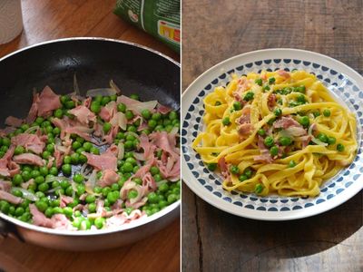 Rachel Roddy’s recipe for pasta with peas, ham, egg and cheese
