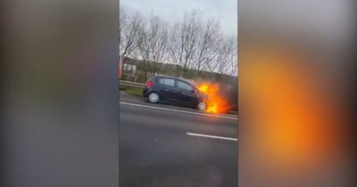 Dramatic scenes on M61 as car bursts into flames