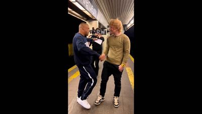 Ed Sheeran surprises New York subway singer by joining him in duet of his hit song Eyes Closed