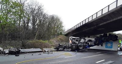 Lorry cut in half after overturning and catching fire