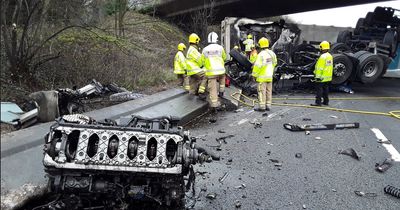 Horror M6 crash sees lorry sliced in half before bursting into flames