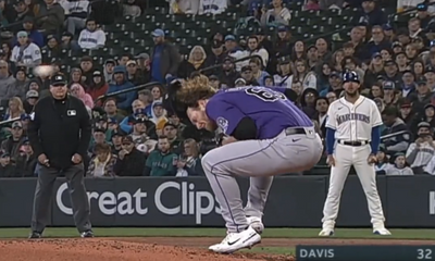 Pitcher Noah Davis’ hat went flying after being grazed with a hard-hit ball in his first career start