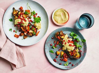 Air fryer Turkish-style stuffed aubergine with saffron and yogurt dip