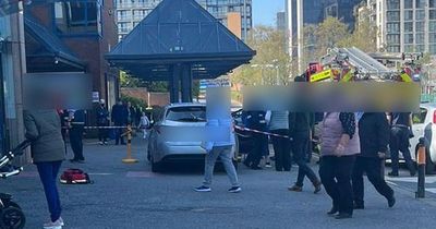 Car mounts footpath in Dublin shopping centre destroying bike rack and trolley bay