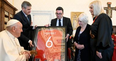 The Pope presented with signed Lisandro Martinez Manchester United shirt by Mayor Andy Burnham