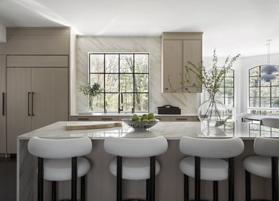 This kitchen's designer went through rounds and rounds of tests before perfecting this pink-tinged cabinetry stain