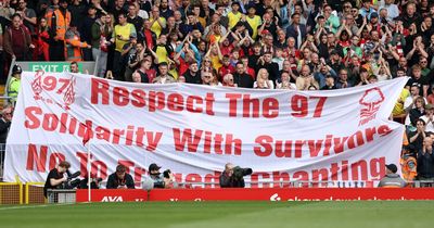 Nottingham Forest fans unveil banner in away end at Liverpool in honour of Hillsborough victims