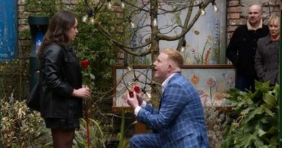 Corrie stars trade insults in jokey 'row' after engagement scene