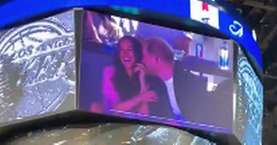 Prince Harry and Meghan Markle laugh and smile on kiss-cam at basketball game