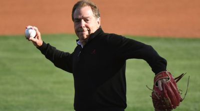 Nick Saban Throws Out First Pitch at Alabama Baseball Game