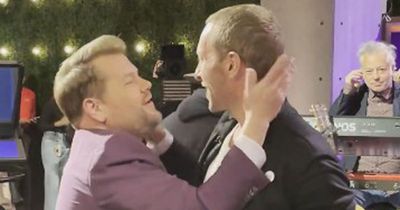 Late Late Show's James Corden hugs Coldplay's Chris Martin after special appearance