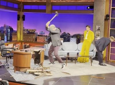 Will Ferrell destroys James Corden’s desk with a sledgehammer: ‘Bravo, great job’