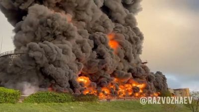 Crimea fuel tank ablaze after alleged drone attack