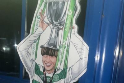 Celtic fans troll Rangers with giant Kyogo sticker at Auchenhowie training ground