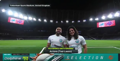 Kola Bokinni and Cristo Fernández from Ted Lasso surprised Dolphins fans by announcing a Miami draft pick