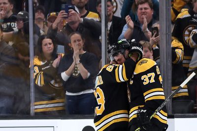 Patrice Bergeron hugs all his Bruins teammates, salutes fans as retirement talk swirls