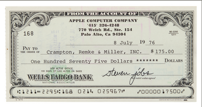 Signed Steve Jobs check from year of Apple's founding expected to sell for huge sum