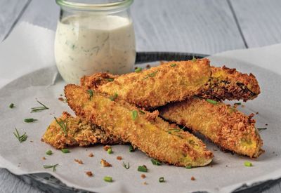 Air fried pickles with buttermilk-herb ranch dressing