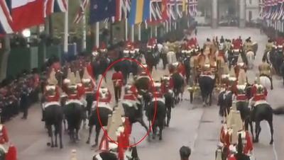 Watch as King’s Guard struggles to control horse during Coronation procession