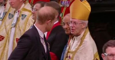 Prince Harry shares a joke with Archbishop of Canterbury as he wishes him 'good luck'