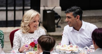 Jill Biden and Rishi Sunak kiss on cheeks before tea at Downing Street Coronation Lunch