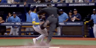 Jose Siri collided with the ump after nobody expected him to score from second on an infield grounder