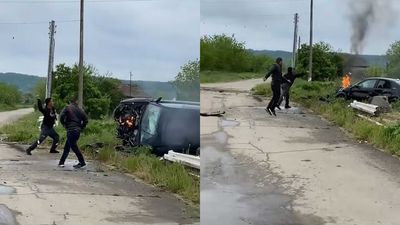 Watch Audi A4 Driver Try To Break Window To Get His Phone After Train Collision